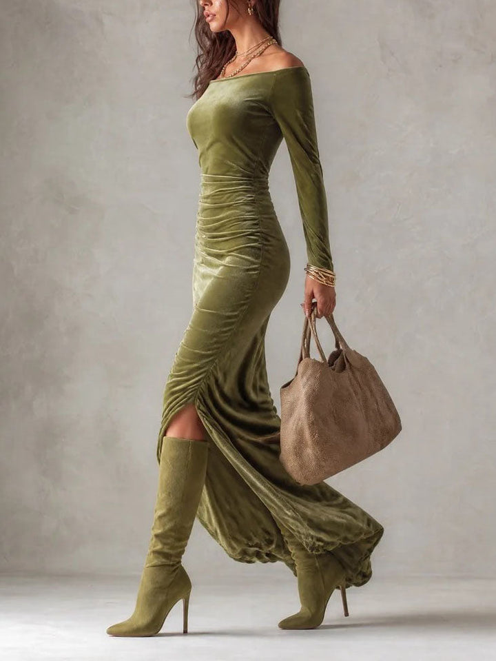 Olive Green Velvet Off Shoulder Long Sleeve Evening Maxi Dress