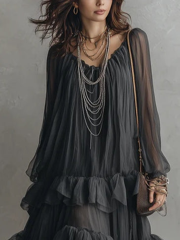 Black U-neck Sheer Layered Ruffled Maxi Dress