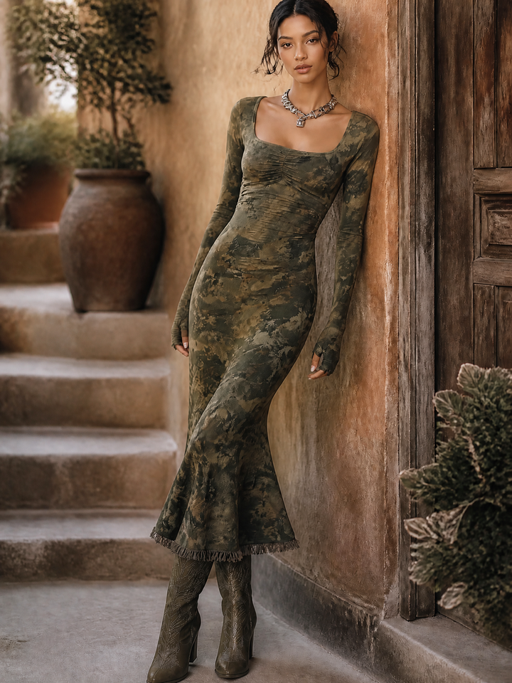 Olive Tie-Dye Ruched Square Neck Fringe Hem Midi Dress