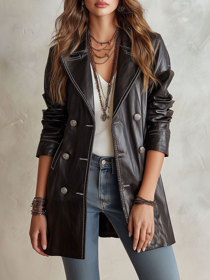 Vintage-style Black Eco-leather Double-breasted Trench Coat