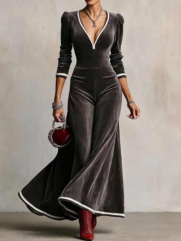 Dark Gray Velvet Deep V Neck Puff Sleeve Maxi Dress