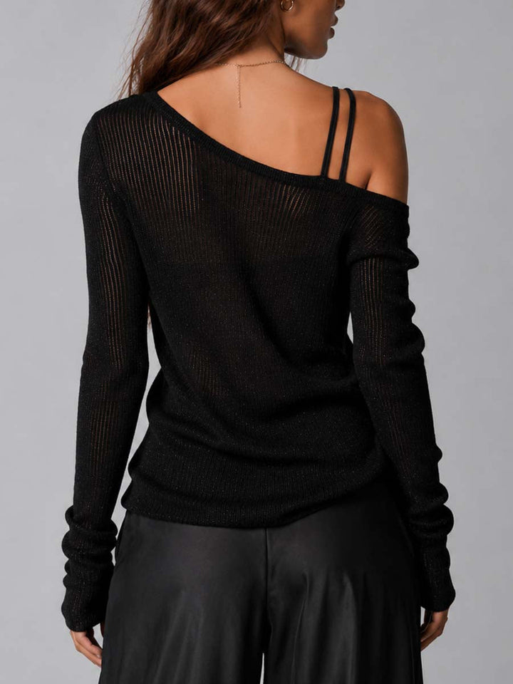 Black Shimmer Sheer Ribbed Knit Asymmetric Off Shoulder Double Thin Strap See Through Knit Blouse