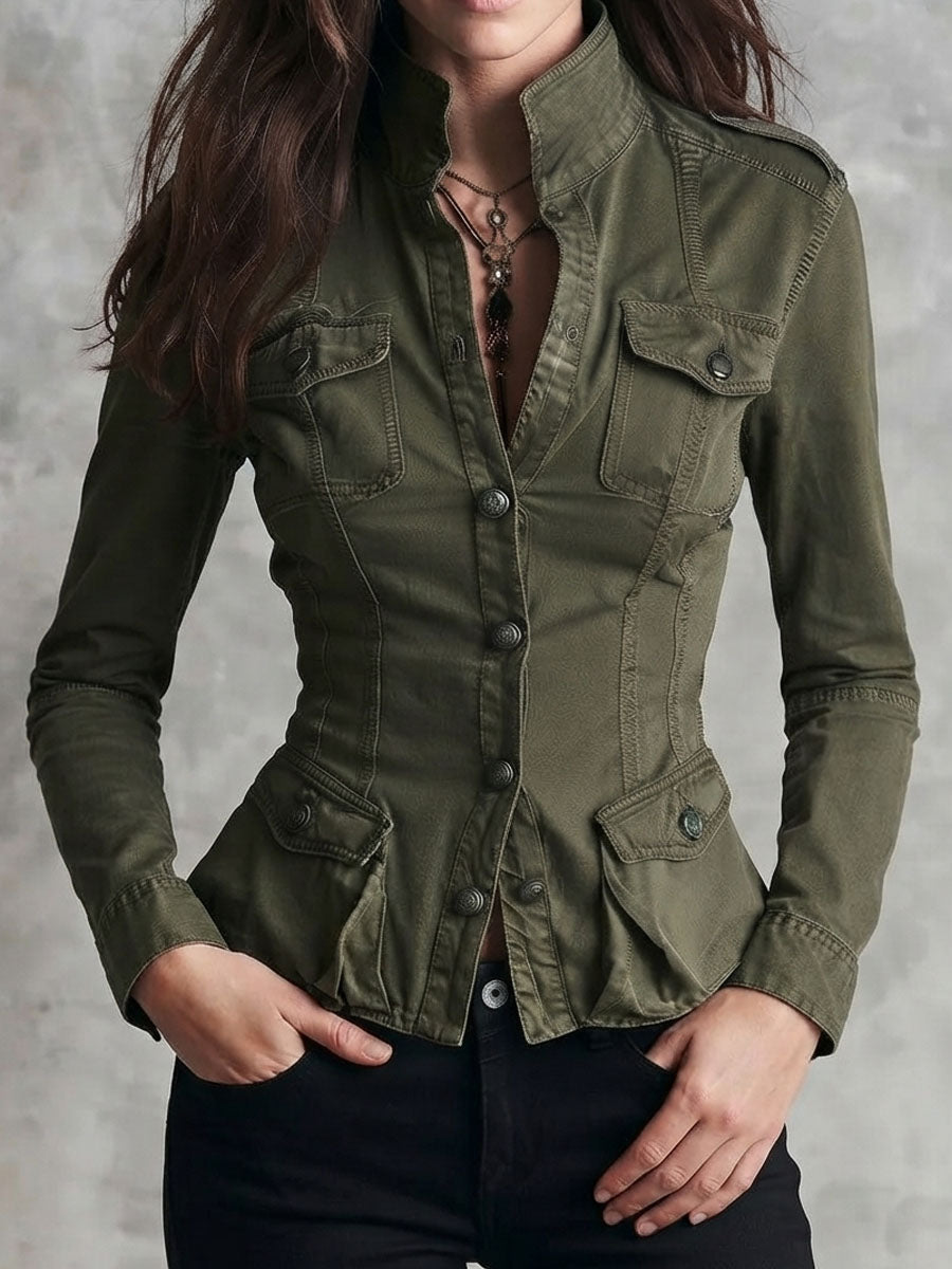 Vintage Army Green Wash Cotton Multi‑Pocket Jacket
