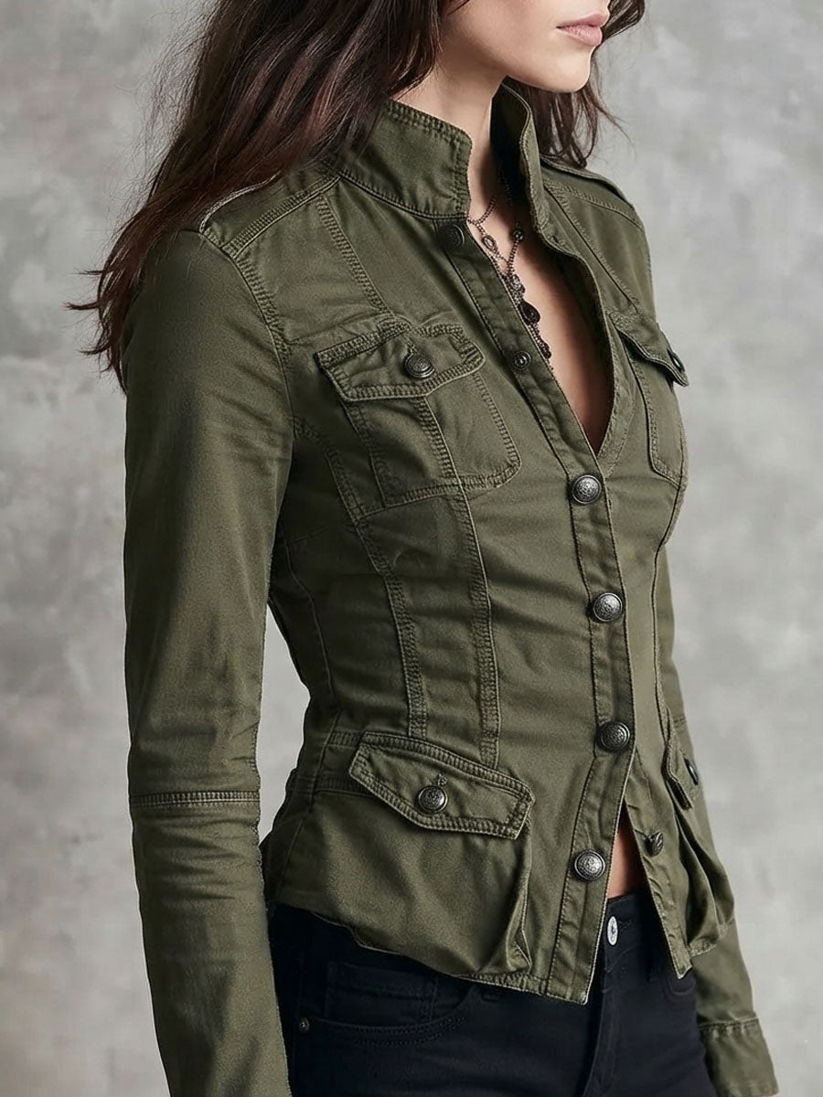 Vintage Army Green Wash Cotton Multi‑Pocket Jacket