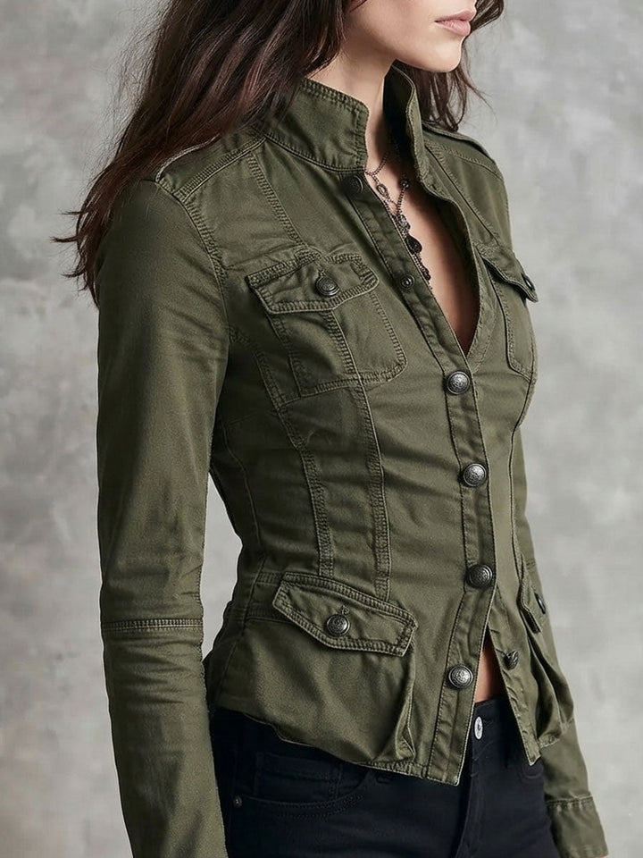 Vintage Army Green Wash Cotton Multi‑Pocket Jacket