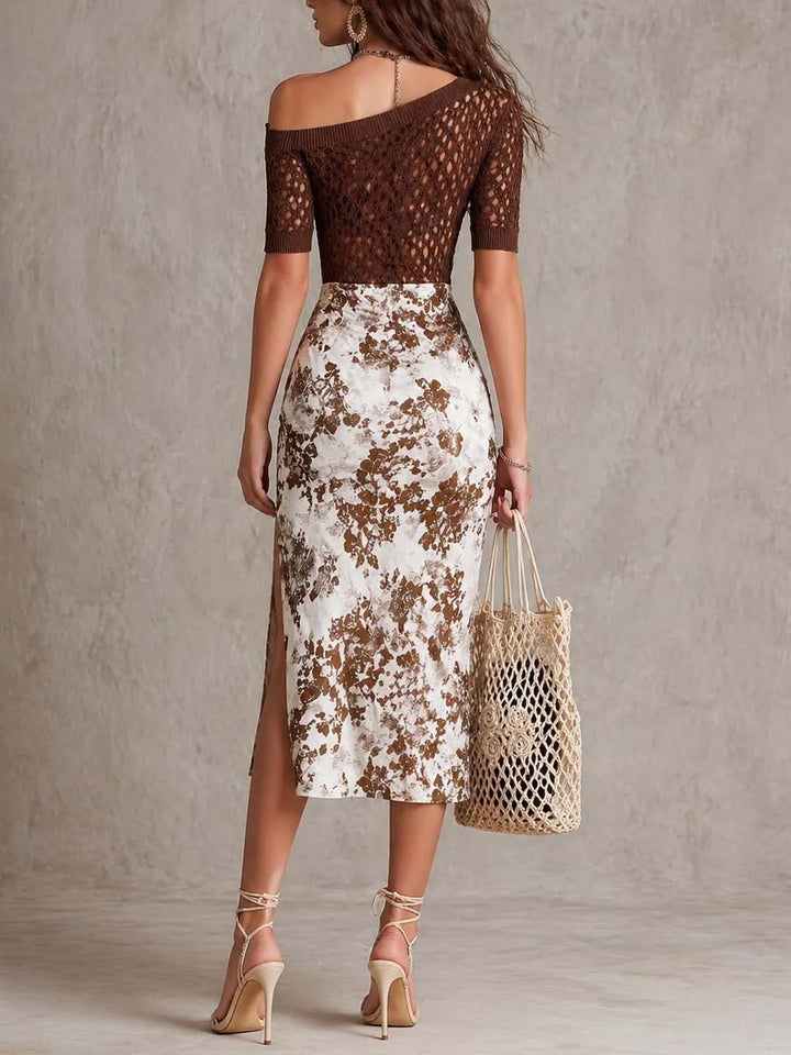 Brown Crochet Off-Shoulder Top And Vintage Floral Midi Skirt Two-Piece Set
