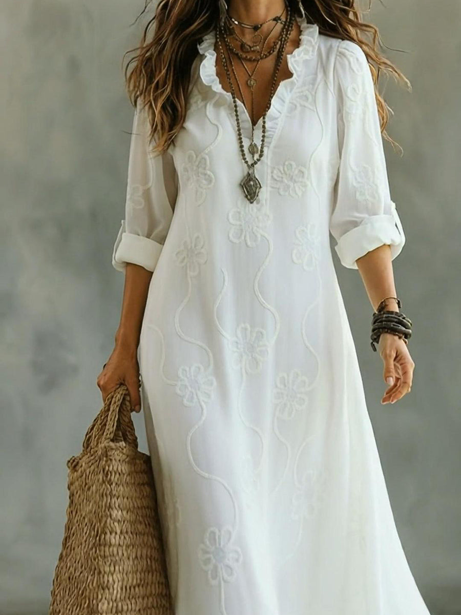 Kallie - Embroidered V Neck Maxi Dress Casual Fit