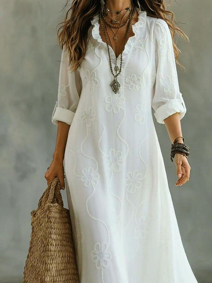 Kallie - Embroidered V Neck Maxi Dress Casual Fit