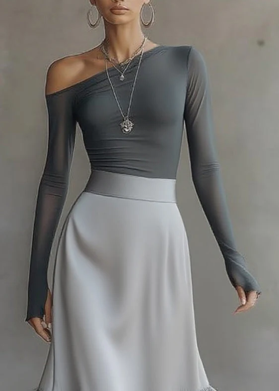Grey One‑Shoulder Long Sleeve Top And Ruffle Hem Midi Dress Set