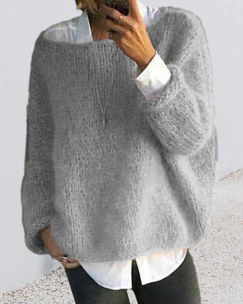 Comfortable Mohair Sweater for Women with Wide Neck Long Sleeve Relaxed Oversized Knit Style
