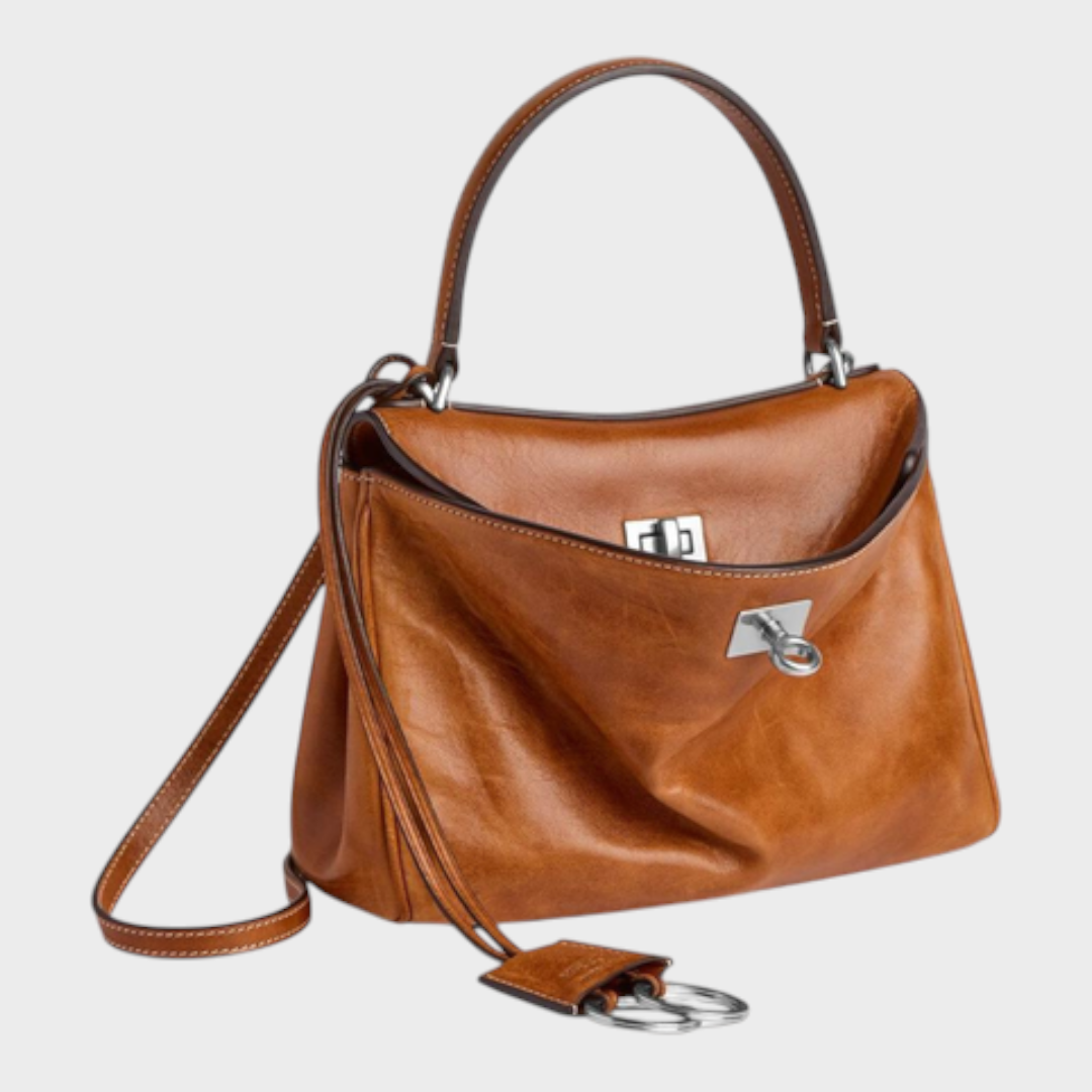 Curved Leather Handbag with Adjustable Shoulder Strap