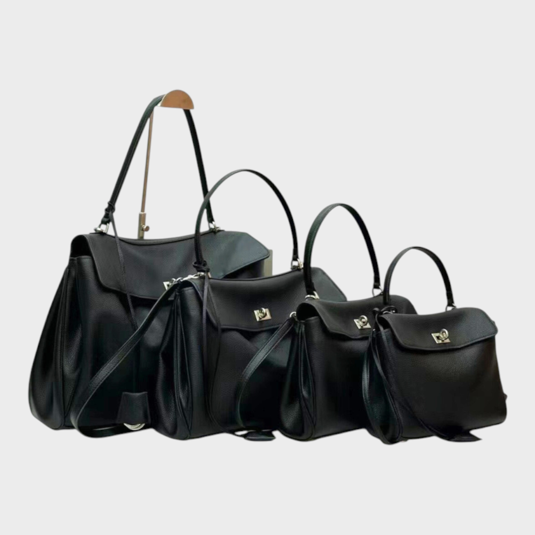 Curved Leather Handbag with Adjustable Shoulder Strap