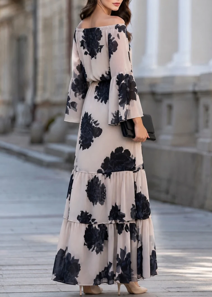 Beige Off‑Shoulder Printed Ruffle Hem Elegant Maxi Dress