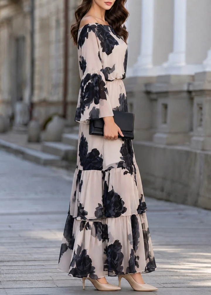 Beige Off‑Shoulder Printed Ruffle Hem Elegant Maxi Dress