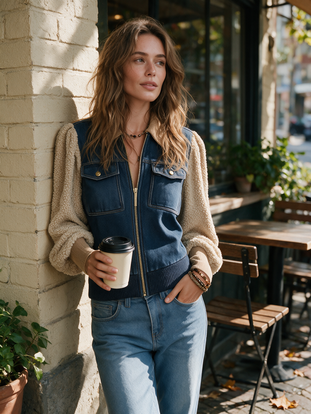 Casual Indigo Denim Sherpa Sleeve Jacket