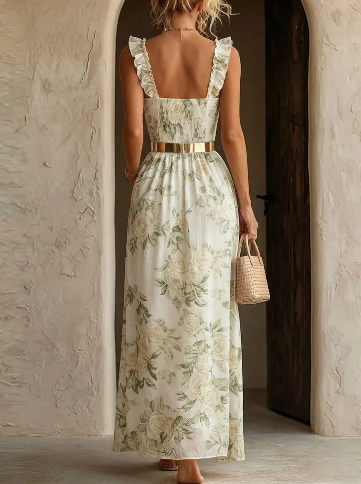Fresh Floral Chiffon  Ruffled Straps Maxi Dress