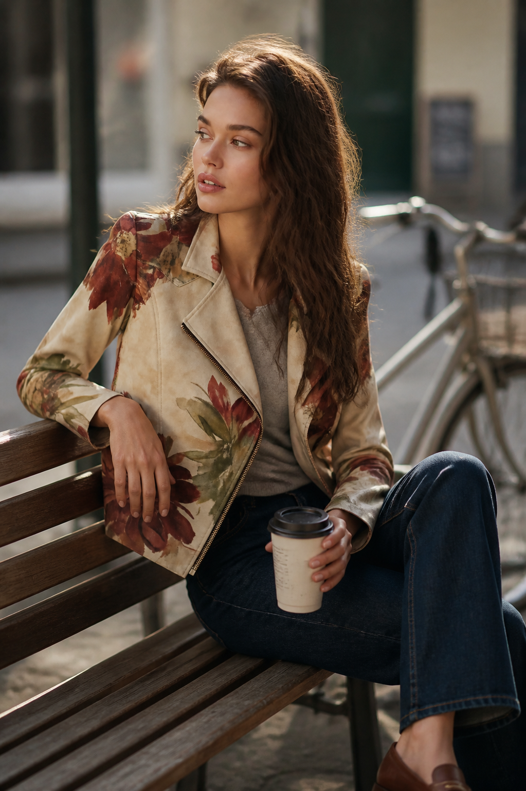 Boho Floral Print Asymmetric Hem Zip Moto Jacket