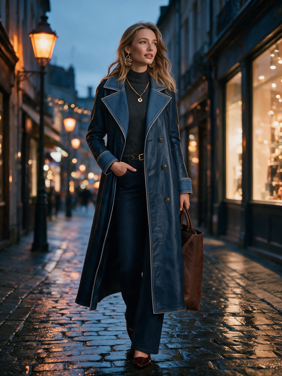Vintage Indigo Denim Trim Long Coat