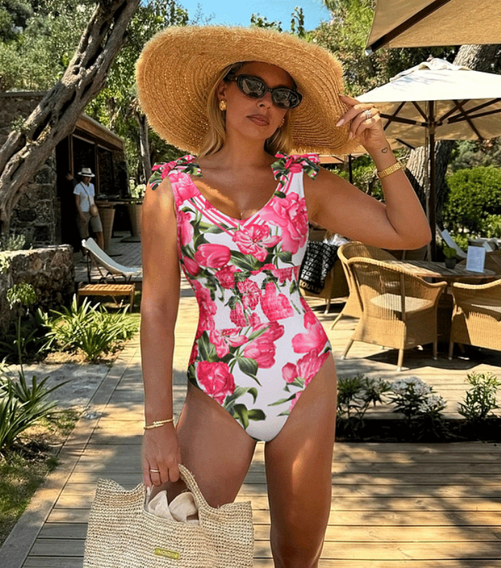 Tie Shoulder Shirring Flower Print One Piece Swimsuit and Skirt