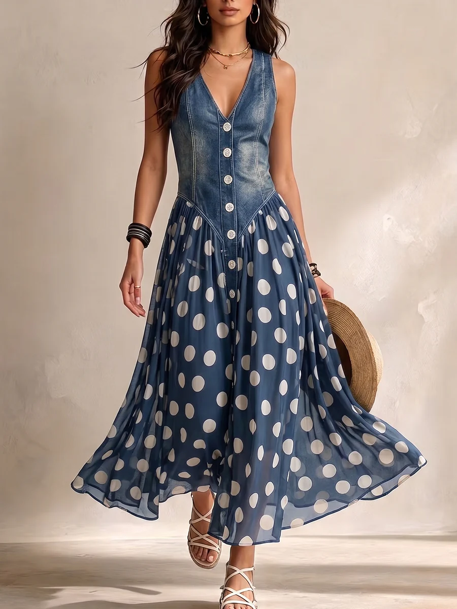 Vylina Denim Bodice Polka Dot Maxi Dress
