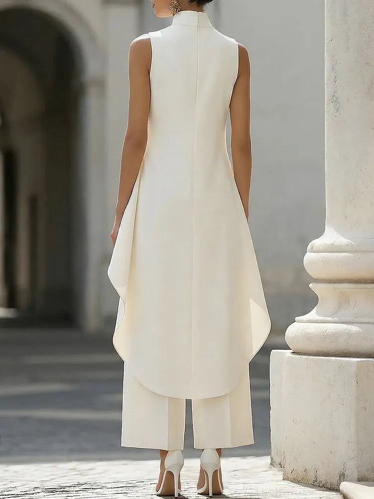 High-Neck Asymmetric Top & Wide-Leg Trouser Set