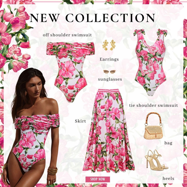 Ruched Off Shoulder Flower Print One Piece Swimsuit and Skirt