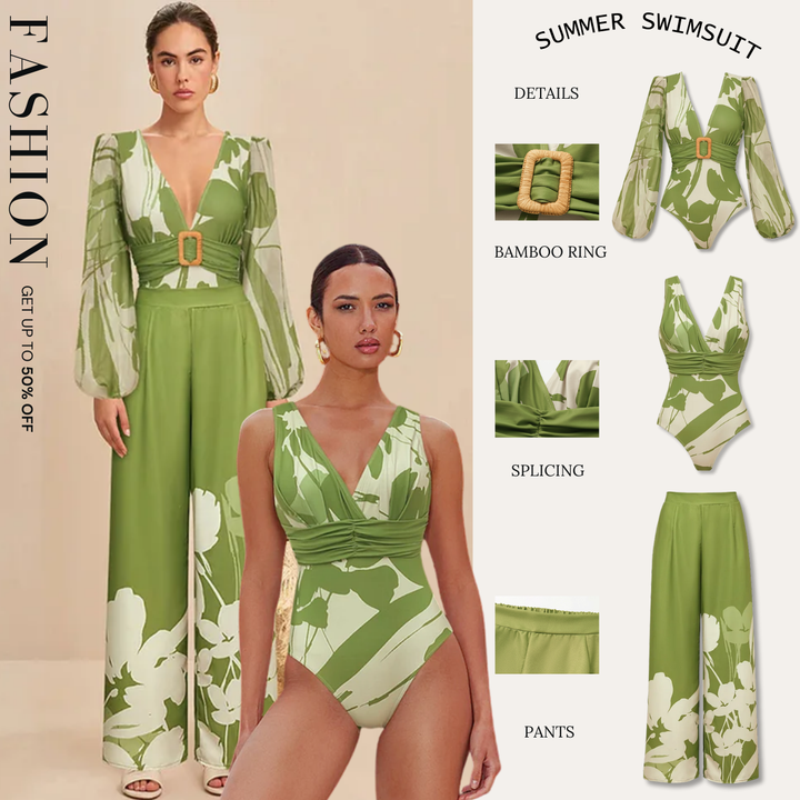 V Neck Long Sleeve Flower Print One Piece Swimsuit and Pants