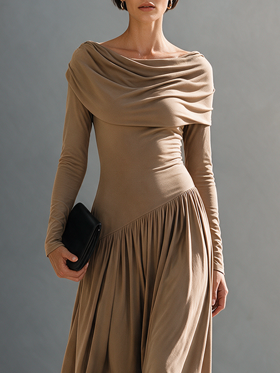 Brown Shawl Collar Asymmetric Gathered Pleated Maxi Dress