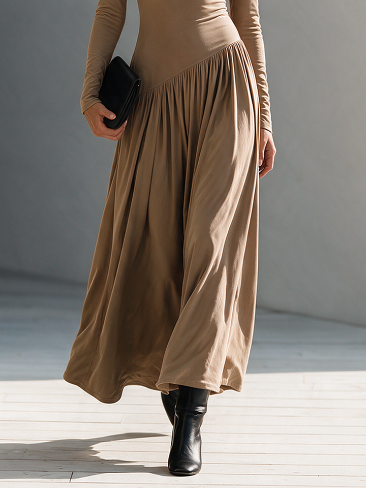 Brown Shawl Collar Asymmetric Gathered Pleated Maxi Dress