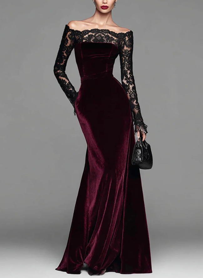 Burgundy Velvet Lace Sleeves Off Shoulder Mermaid Gown Maxi Dress