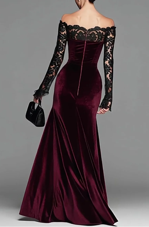 Burgundy Velvet Lace Sleeves Off Shoulder Mermaid Gown Maxi Dress