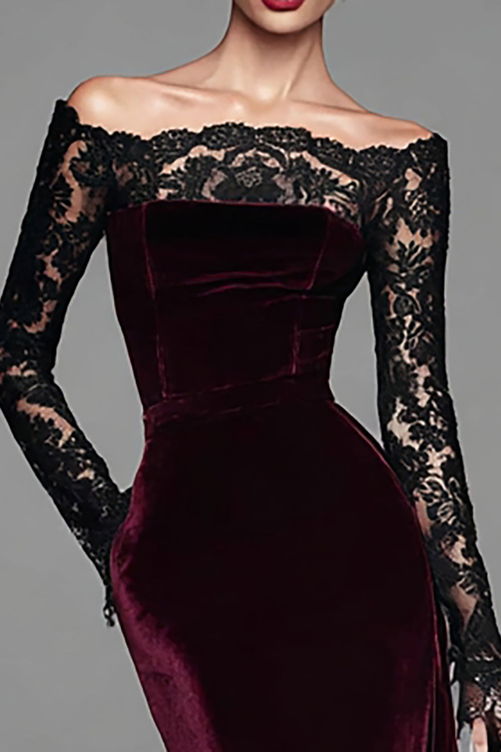 Burgundy Velvet Lace Sleeves Off Shoulder Mermaid Gown Maxi Dress