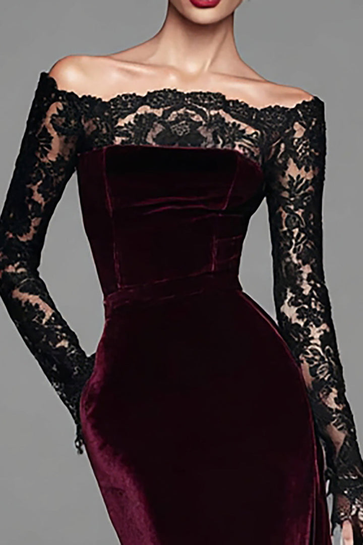 Burgundy Velvet Lace Sleeves Off Shoulder Mermaid Gown Maxi Dress