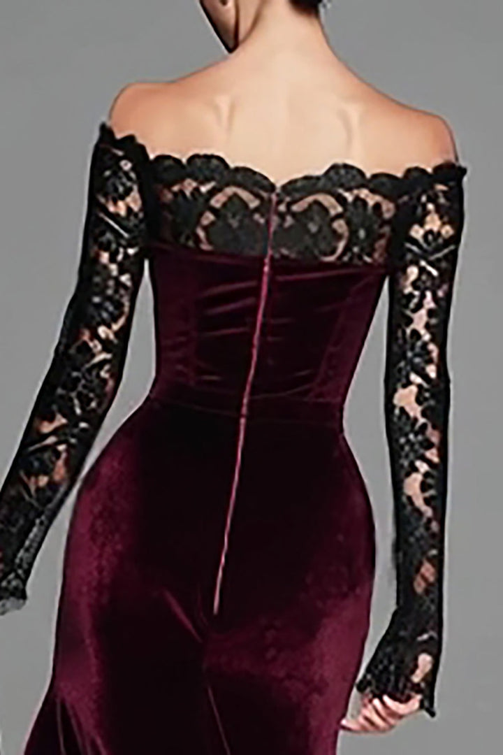 Burgundy Velvet Lace Sleeves Off Shoulder Mermaid Gown Maxi Dress