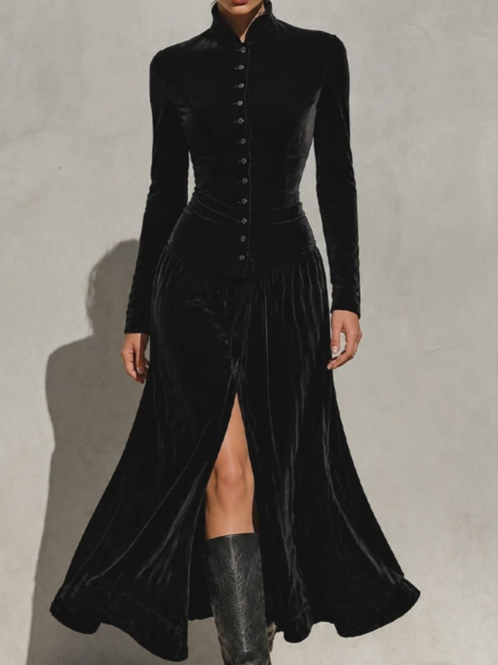 Black Velvet Stand Collar Button-Down Front Slit Maxi Dress