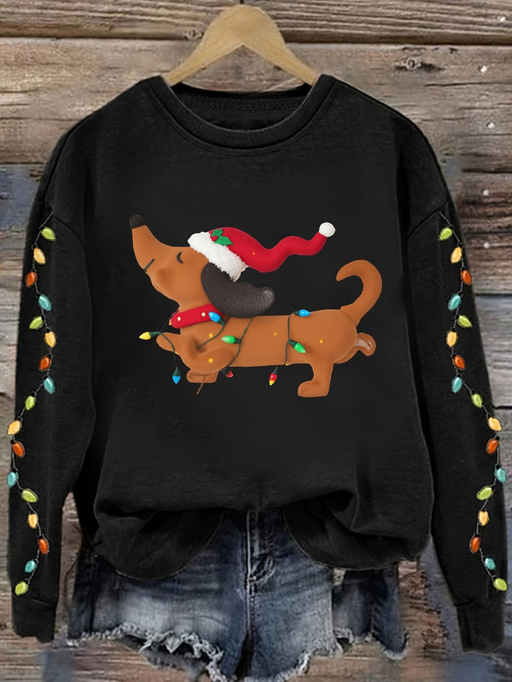 Comfortable Dachshund Santa Christmas Tacky Sweater for Women with Crew Neck Long Sleeve Relaxed Oversized Knit Style