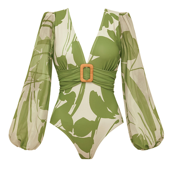 V Neck Long Sleeve Flower Print One Piece Swimsuit and Pants