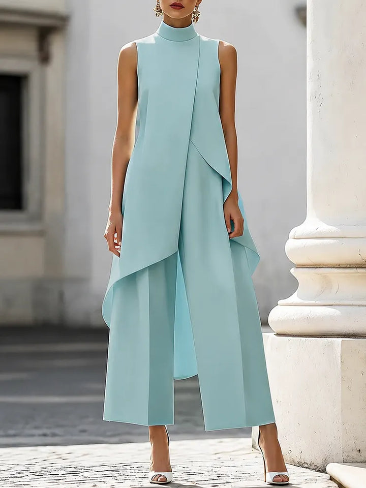 High-Neck Asymmetric Top & Wide-Leg Trouser Set