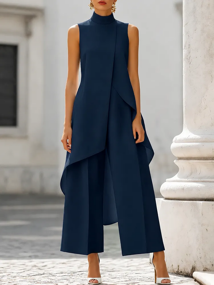 High-Neck Asymmetric Top & Wide-Leg Trouser Set