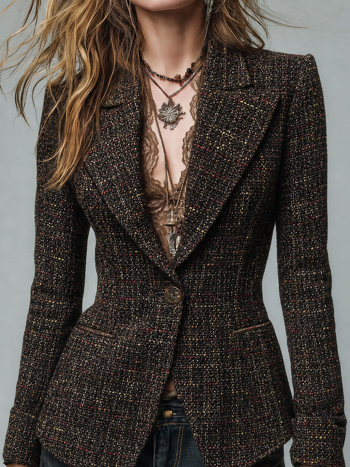 Vintage Lapel Collar Single-button Slim-fit Tweed Blazer