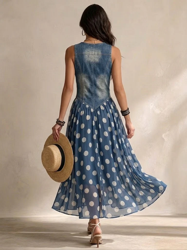 Vylina Denim Bodice Polka Dot Maxi Dress