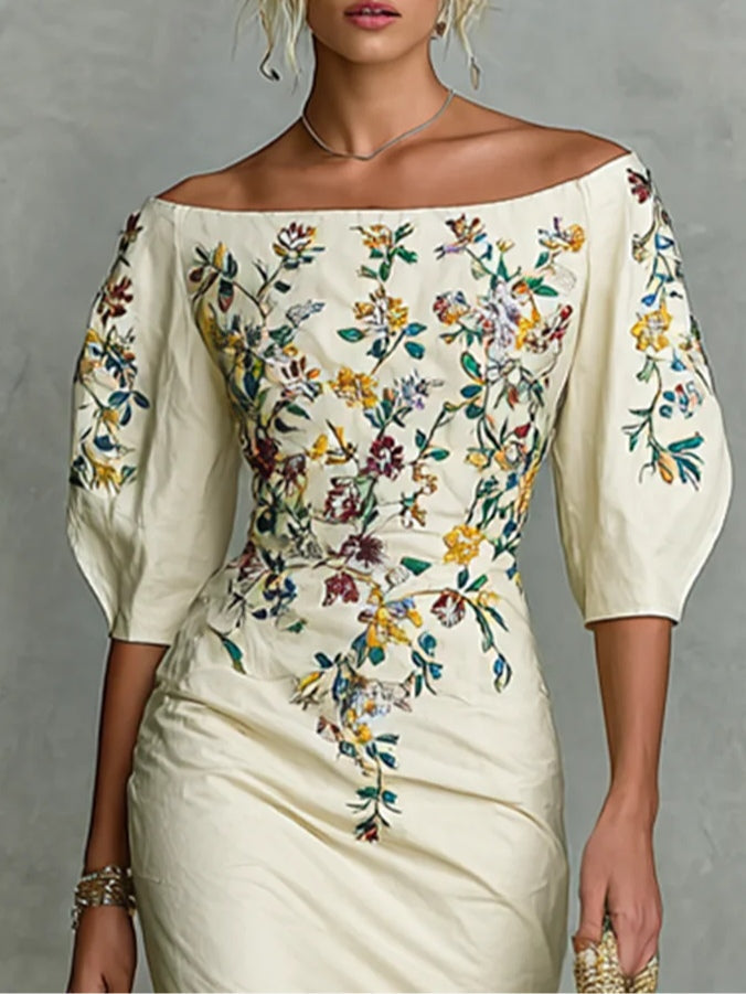 Floral Embroidered Off-Shoulder Midi Dress