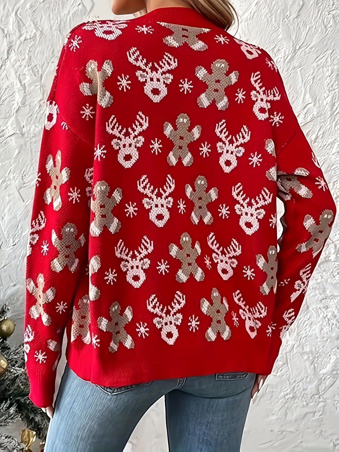 Cozy Red Sequin Christmas Sweater for Women with V Neck Long Sleeve Button Front Cardigan Style