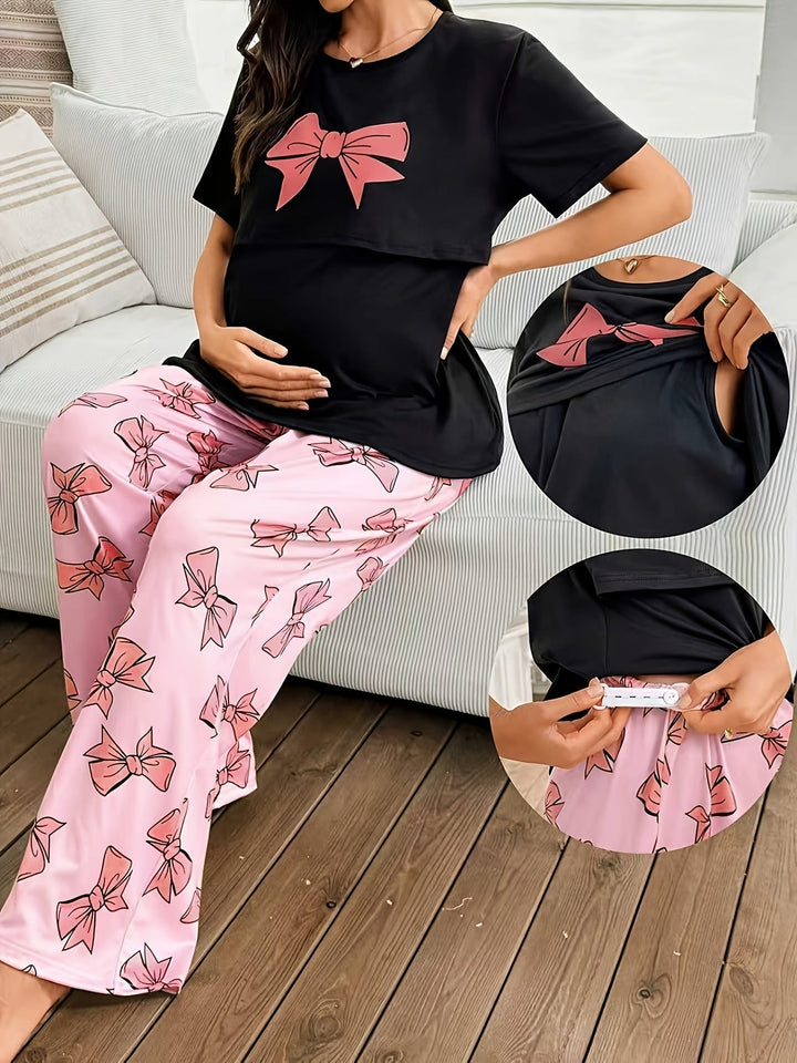 Comfortable Bow Print Maternity Pajama Set for Women with Round Neck Short Sleeve Wide Leg Two Piece Style