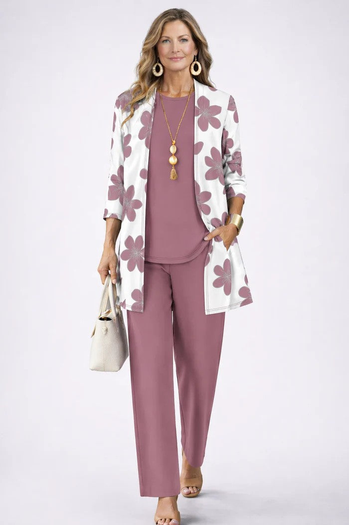 Iris | Three-Piece Cardigan, Top and Printed Trouser Set