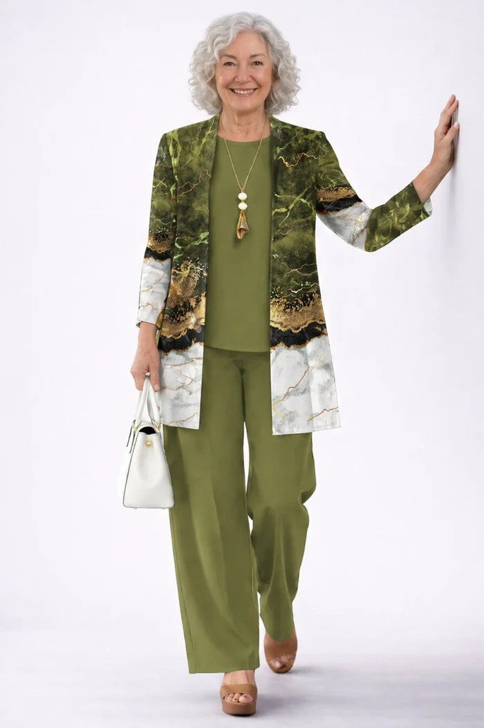 Iris | Three-Piece Cardigan, Top and Printed Trouser Set