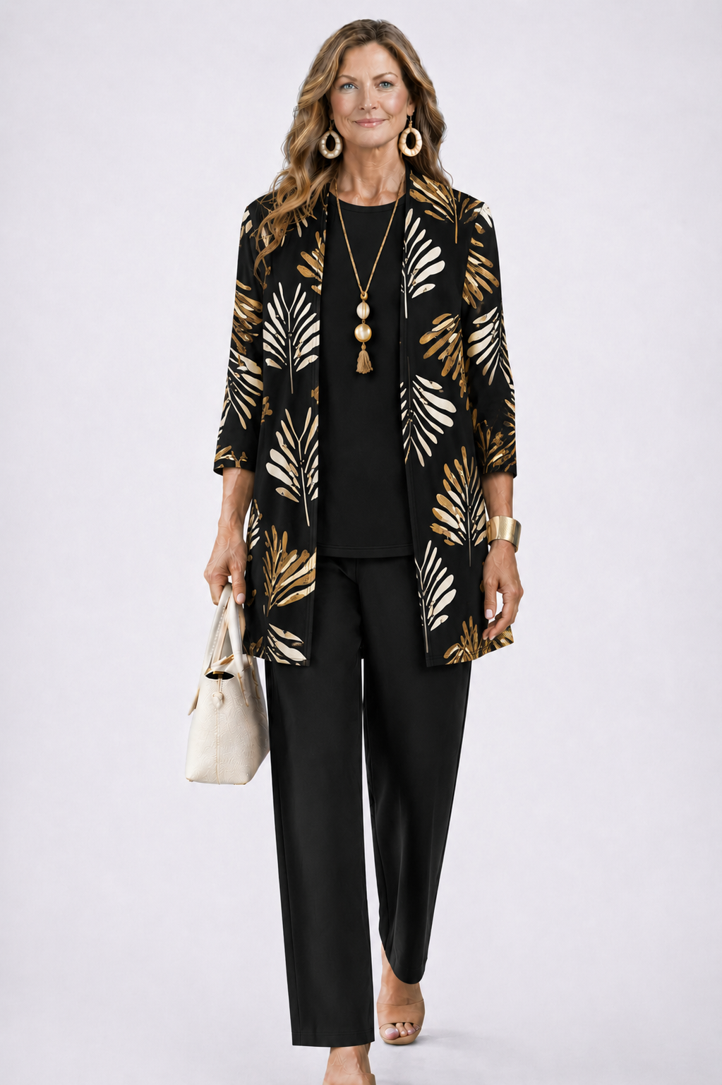 Iris | Three-Piece Cardigan, Top and Printed Trouser Set