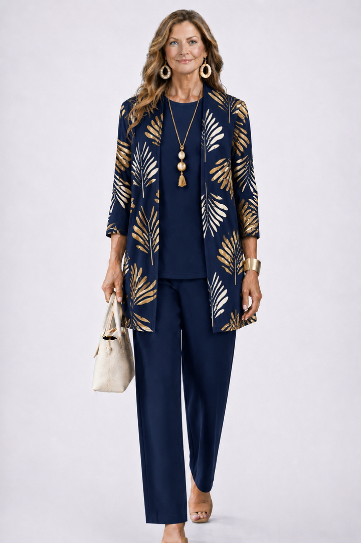 Iris | Three-Piece Cardigan, Top and Printed Trouser Set