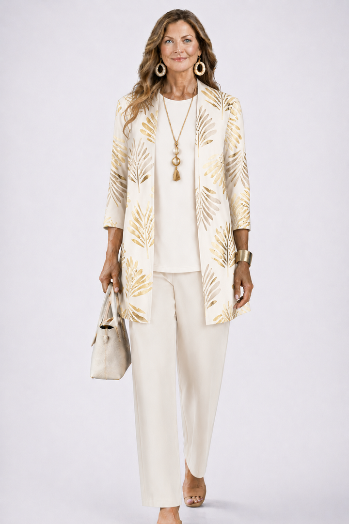 Margaret | Three-Piece Co-ord Set with Longline Cardigan and Printed Trousers