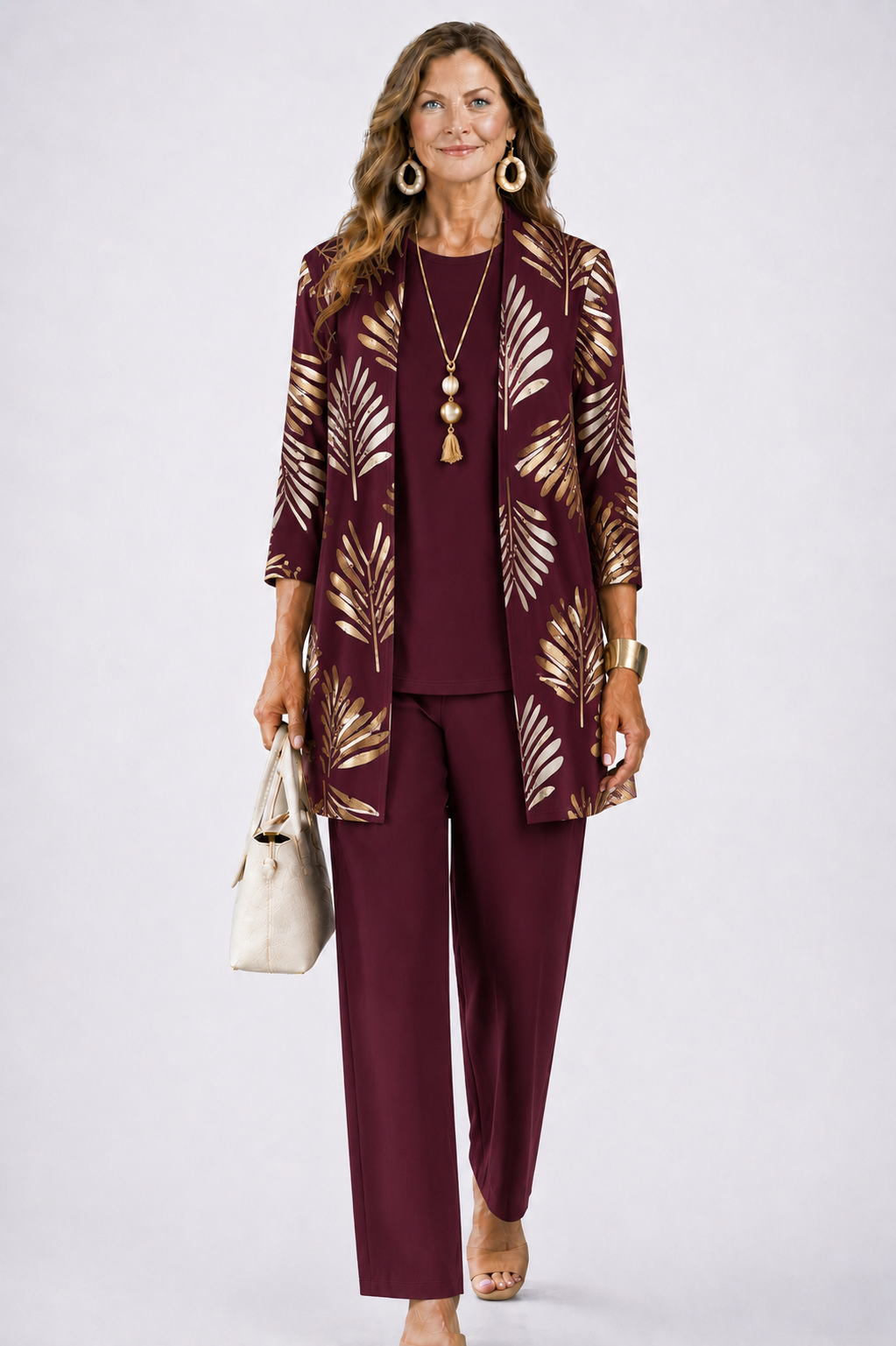 Iris | Three-Piece Cardigan, Top and Printed Trouser Set